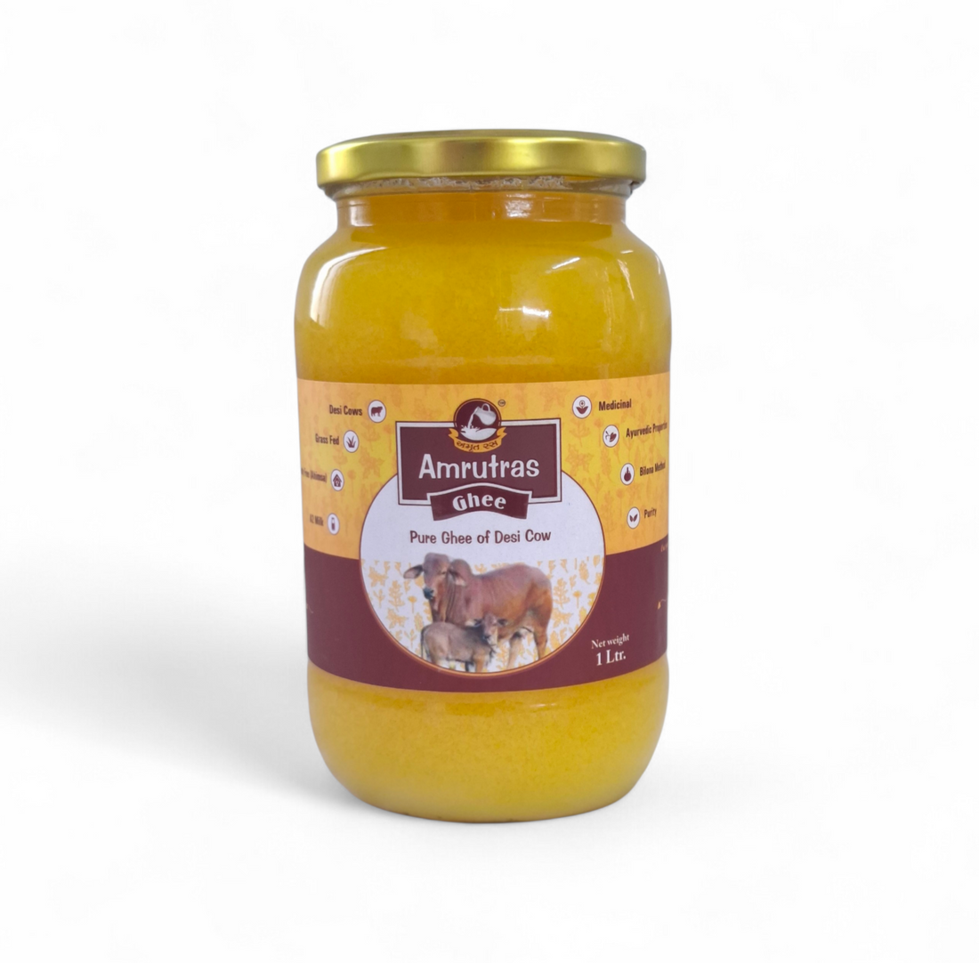 Amrutras Pure Desi Cow Ghee 1 Litre Glass Jar - 100% Natural Traditional Cow Ghee